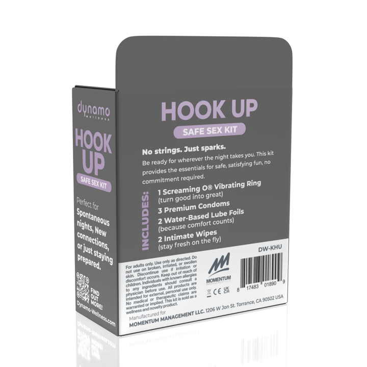 backside of Dynamo Wellness Hook Up Intimacy Kit packaging 