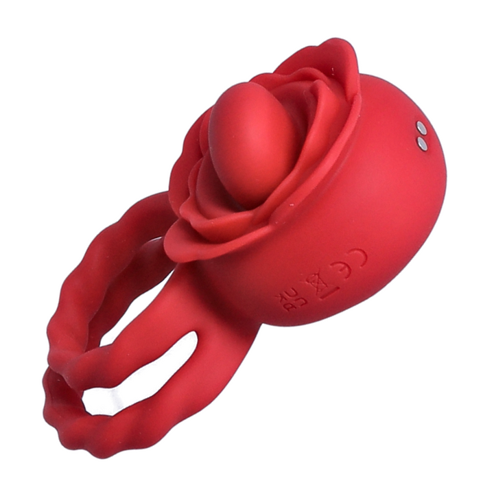 angled side shot of Tongue Rotation Vibration Cock Ring with view of charging port 