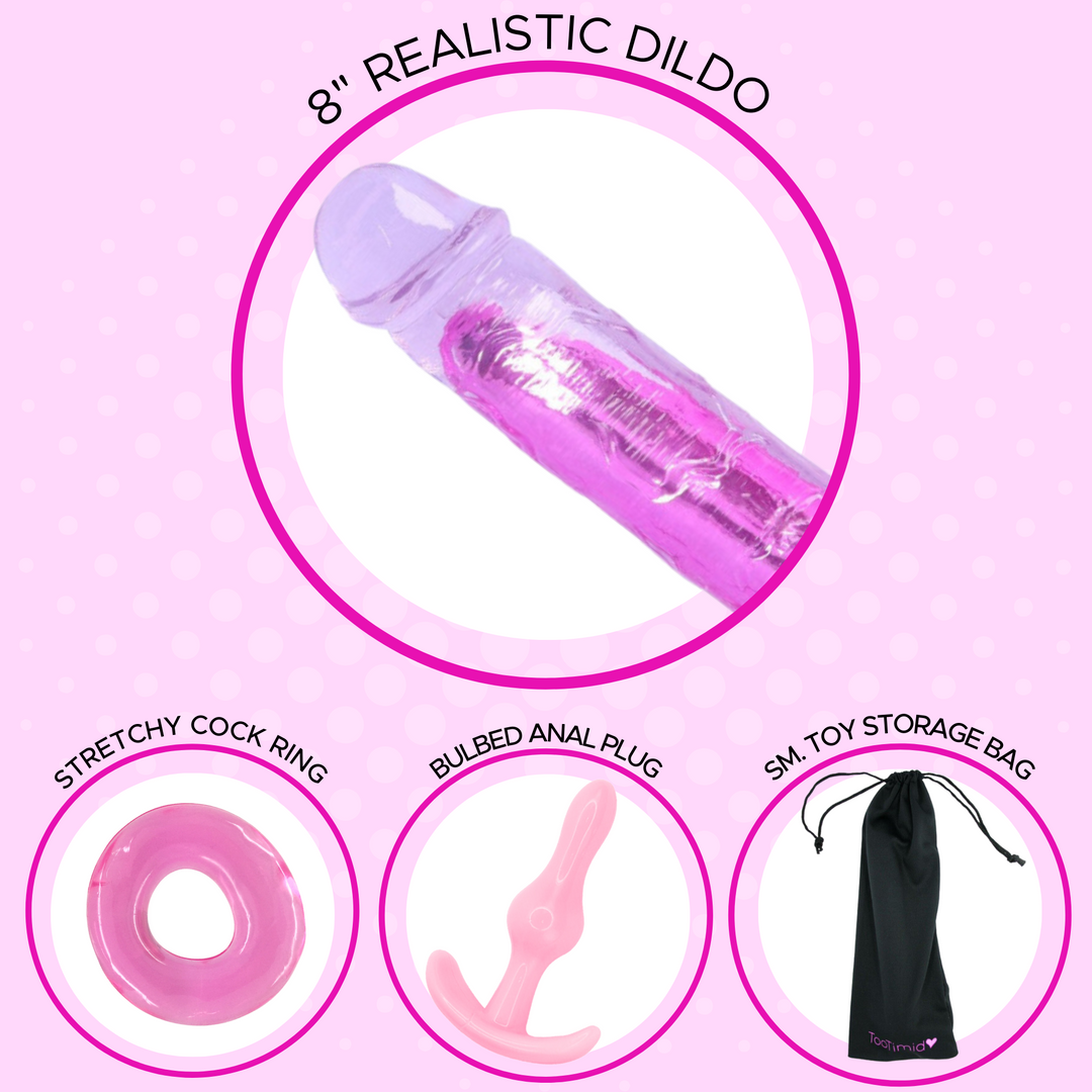 Small toy storage bag, 8 inch realistic dildo, bulbed anal plug, and a stretchy jelly cock ring.