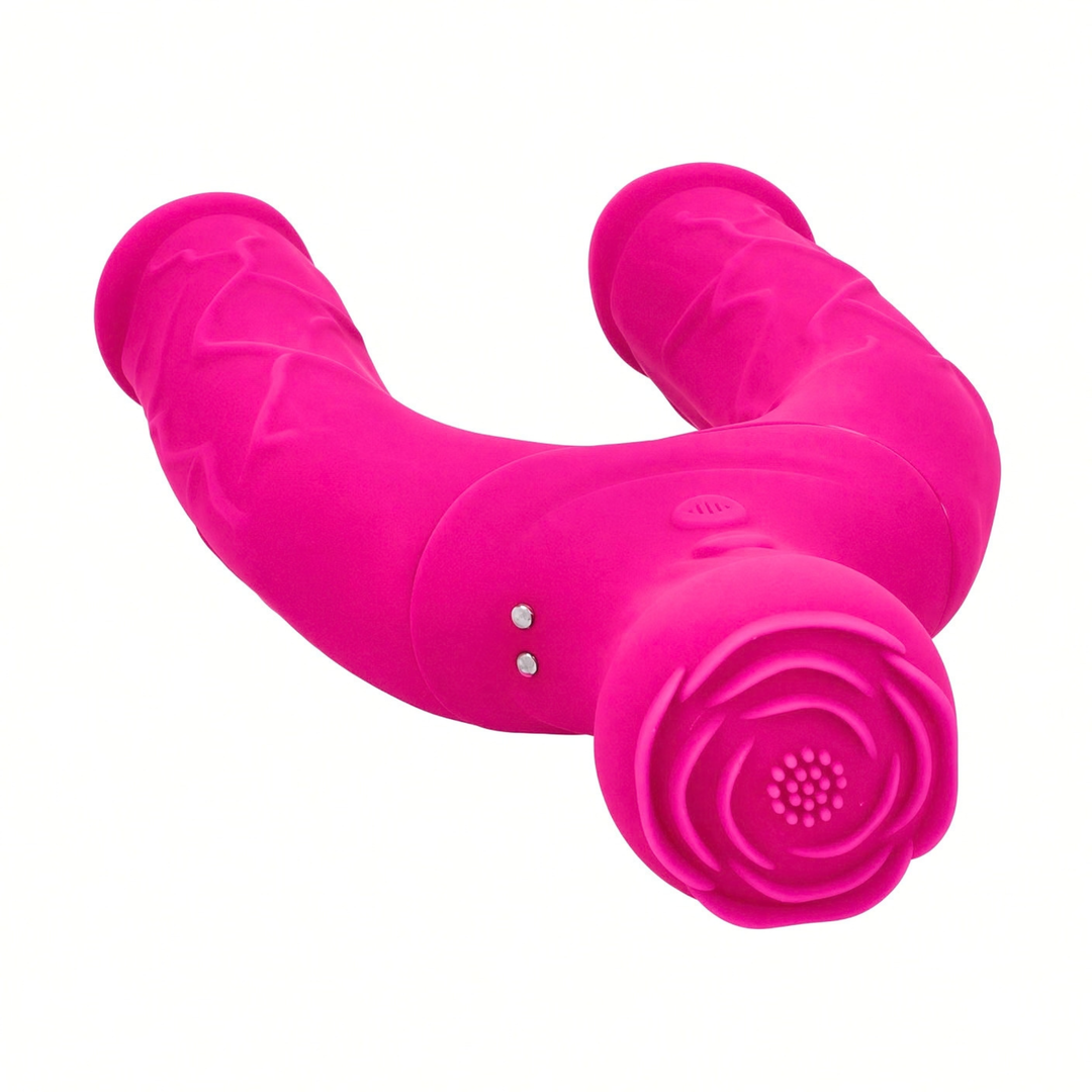 view of vibrating rose handle from Bendy Silicone Double Dildo Vibrator with Clit Teaser