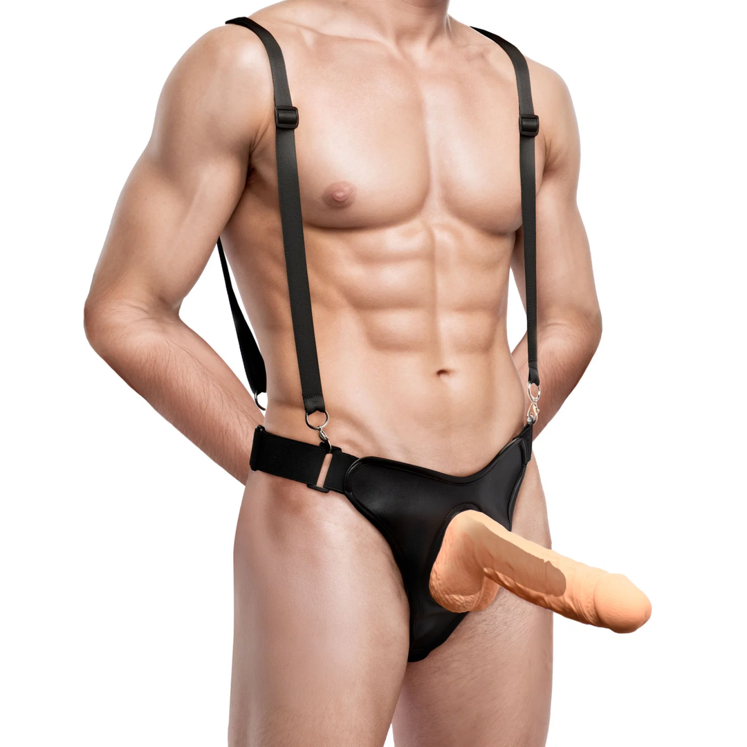 full product view of Master Series Magnum Hollow Silicone Dildo with Harness 9 inch 
