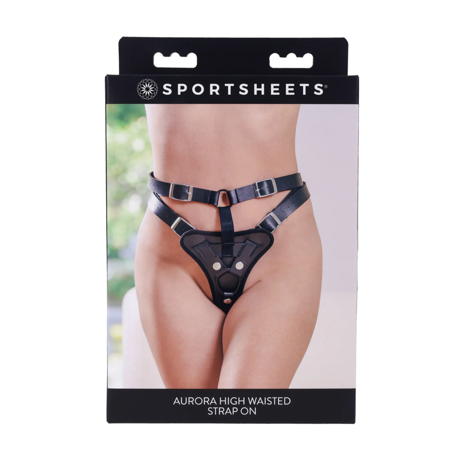 Sportsheets Aurora High Waisted Strap-On as seen inside of packaging 