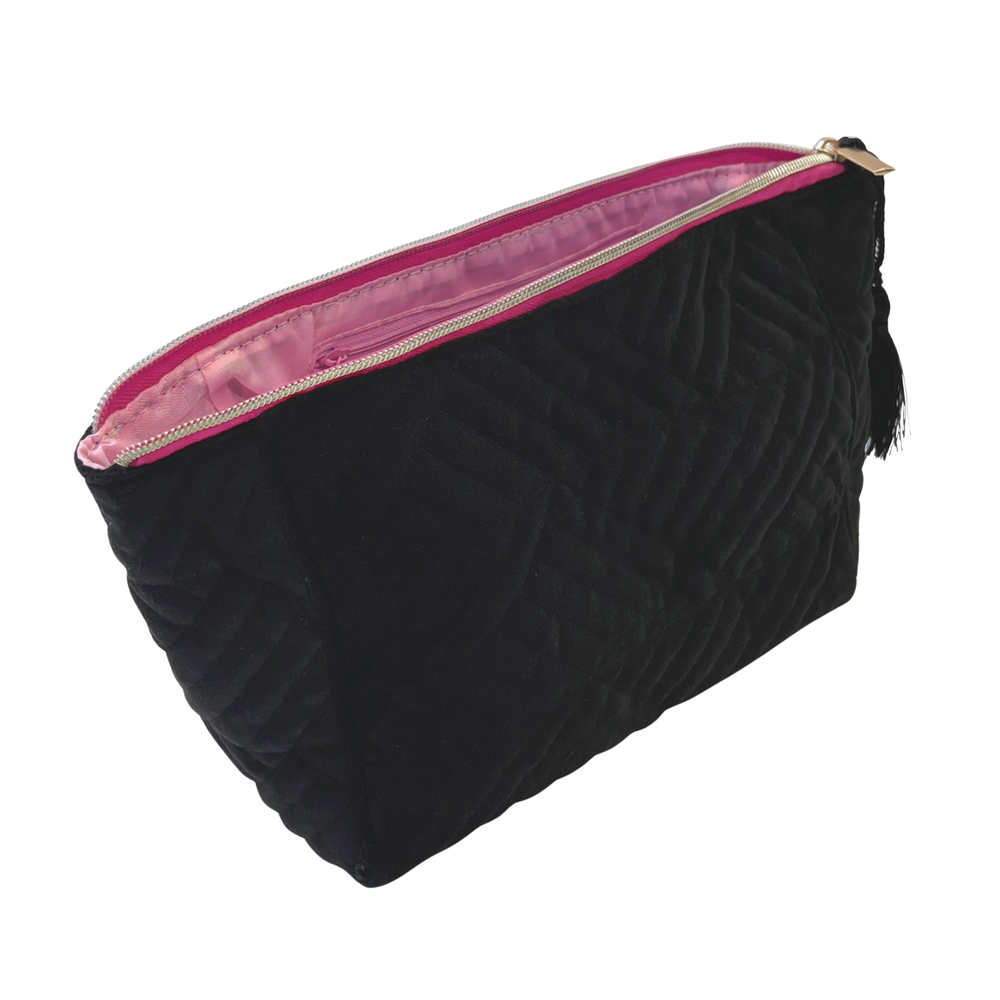 Classy Quilted Fabric Storage Bag for Your Sex Toys and Lubes black quilted exterior with roomy pink interior 