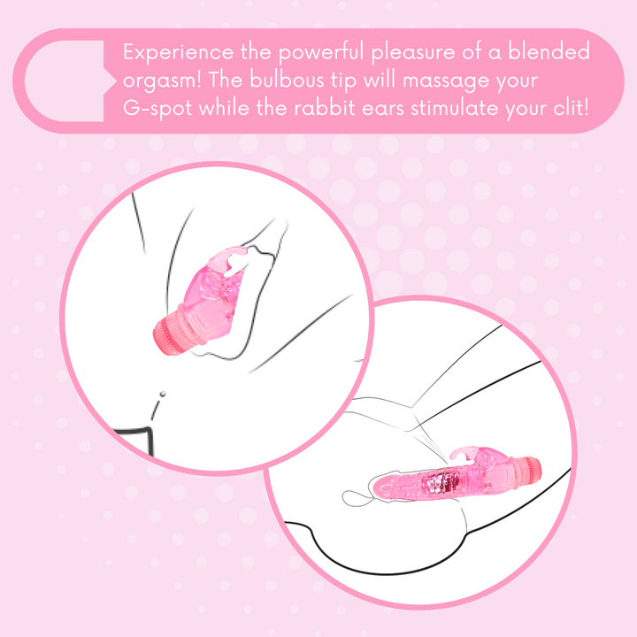 Experience the powerful pleasure of a blended orgasm! The bulbous tip will massage your G-Spot while the rabbit ears stimulate your clit!