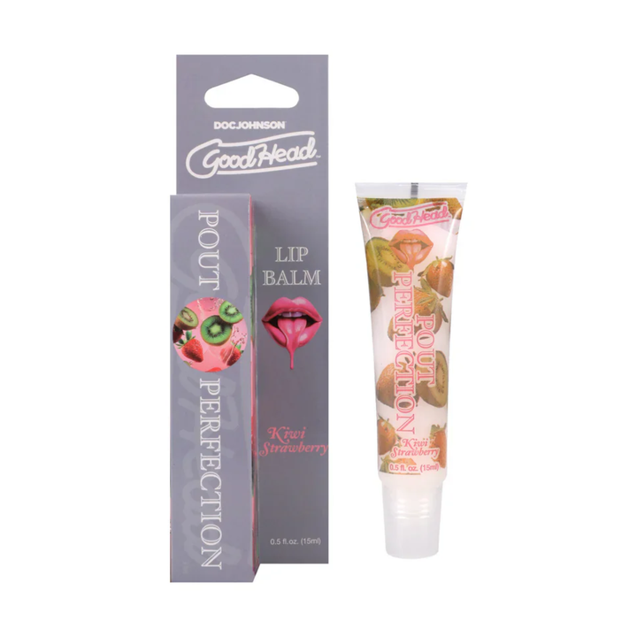 kiwi strawberry GoodHead Pout Perfection Lip Balm as seen next to packaging 