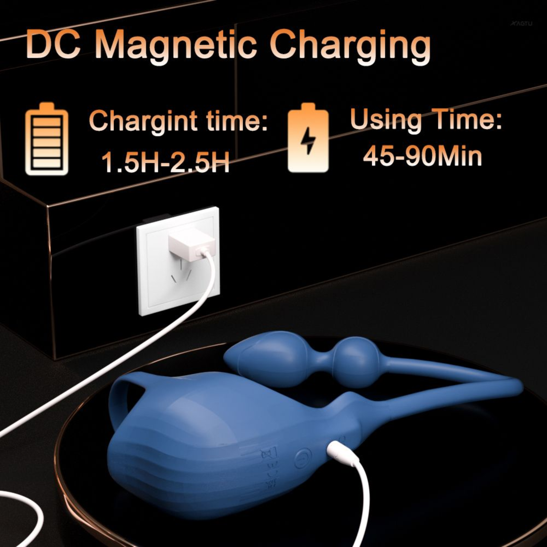 DC magnetic charging for Cock Ring with Ball Cage and Anal Plug charging time 1.5 to 2.5 hours and user time 45 to 90 minutes