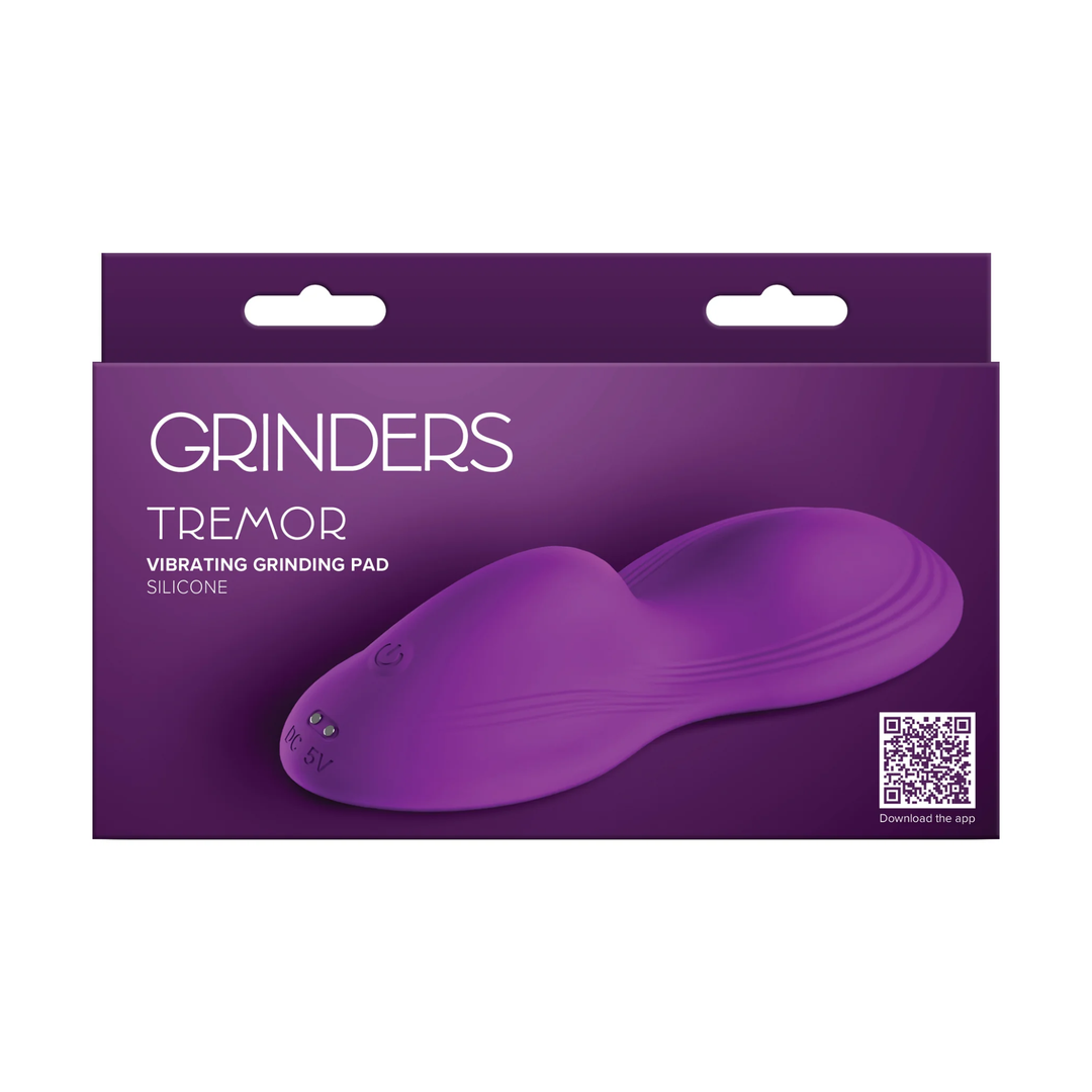 front side of Grinders Tremor App Controlled Rechargeable Silicone Vibrating Dual Motor Pad packaging 