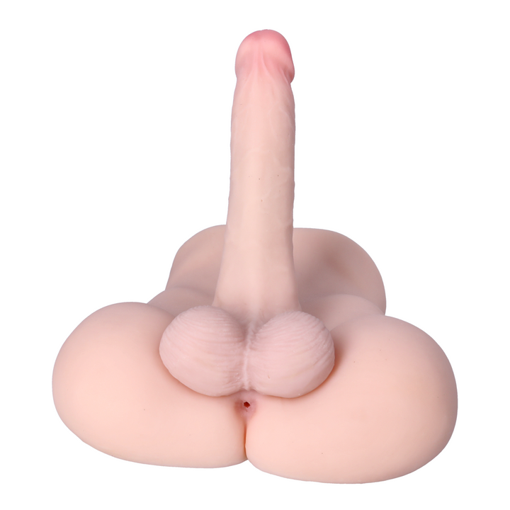 view of anal entry from beige male torso with posable dildo realistic penis