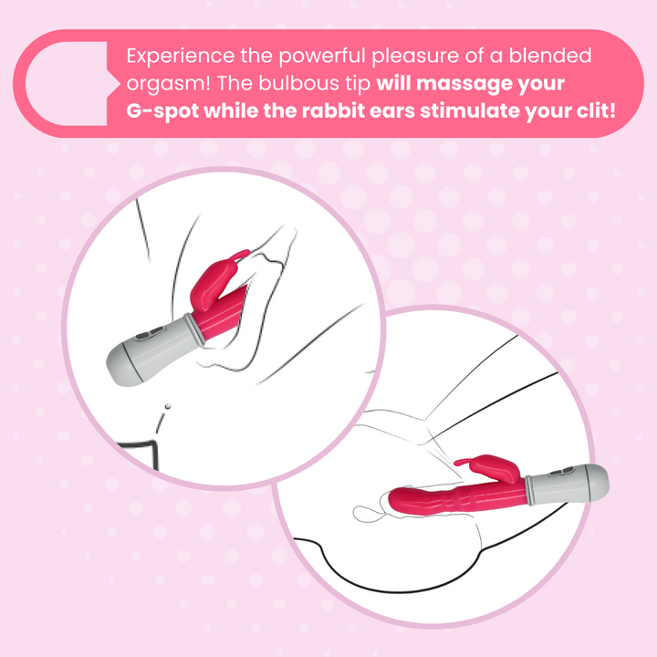 Experience the powerful pleasure of a blended orgasm! The bulbous tip will massage your G-spot while the rabbit ears stimulate your clit!