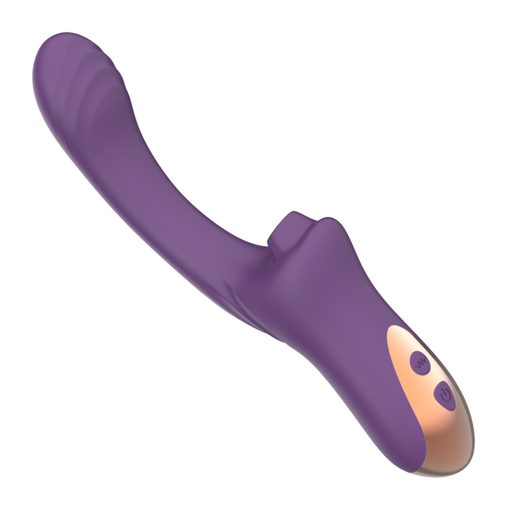 angled view of bulbous tip from purple air pulse vibrator rabbit with power and control buttons 