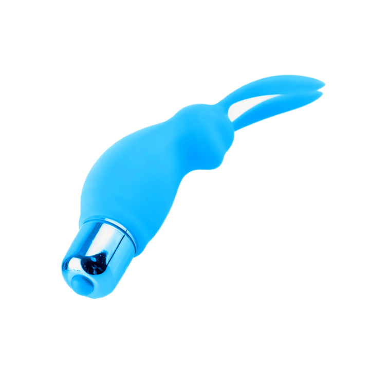 angled view of bunny from blue Neon Silicone Vibrating Couples 3 Piece Kit from Pipedream  