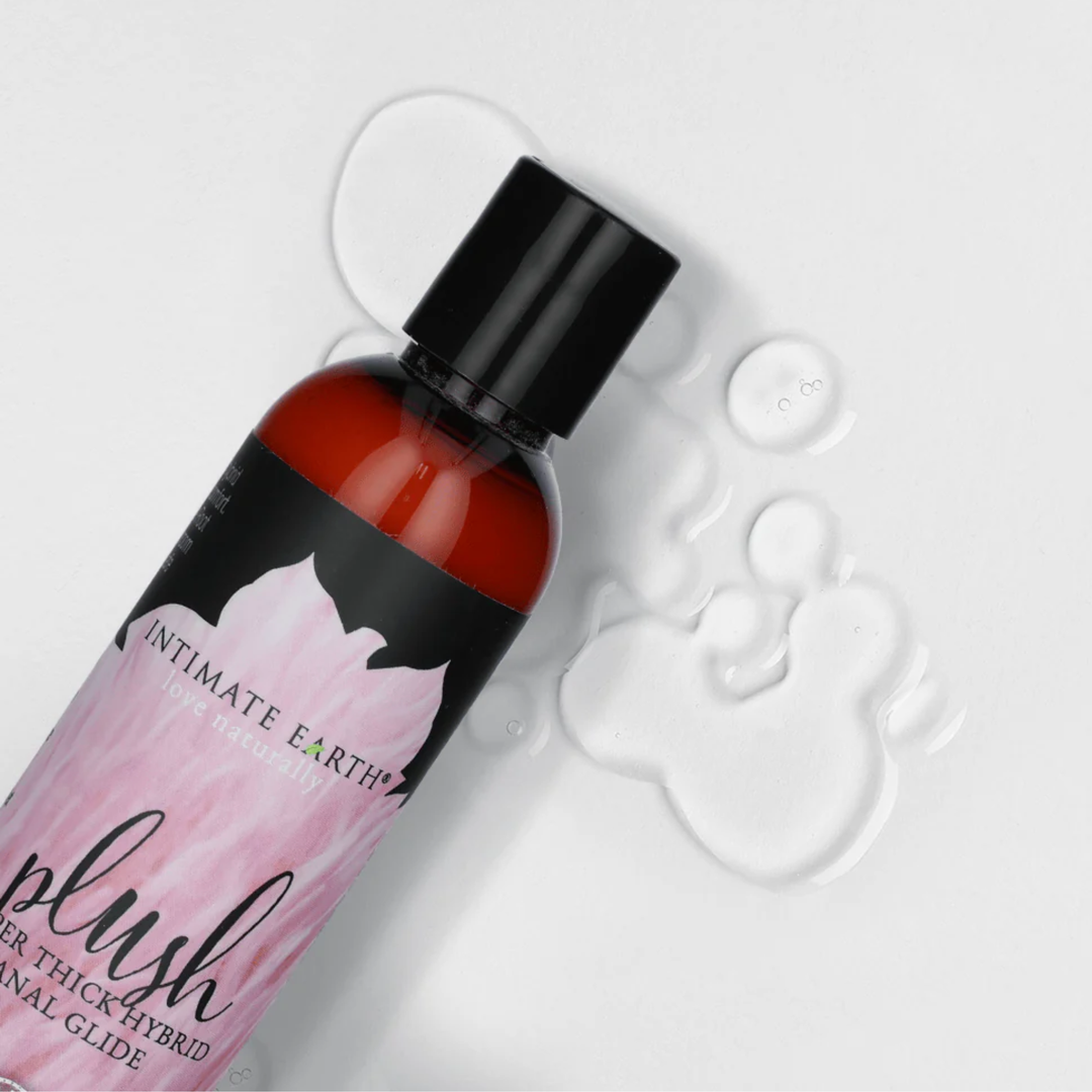 close up of lube droplets from Intimate Earth Plush Hybrid Anal Glide Lubricant