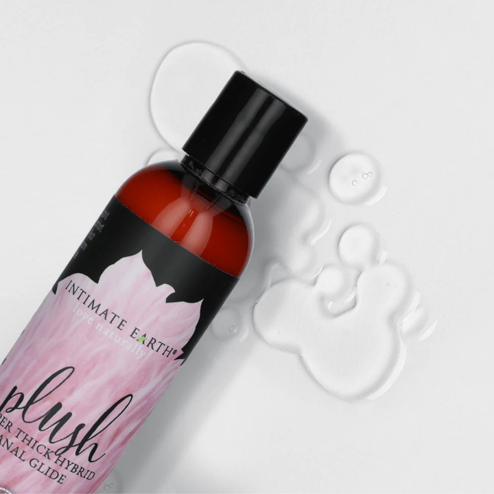 close up of lube droplets from Intimate Earth Plush Hybrid Anal Glide Lubricant