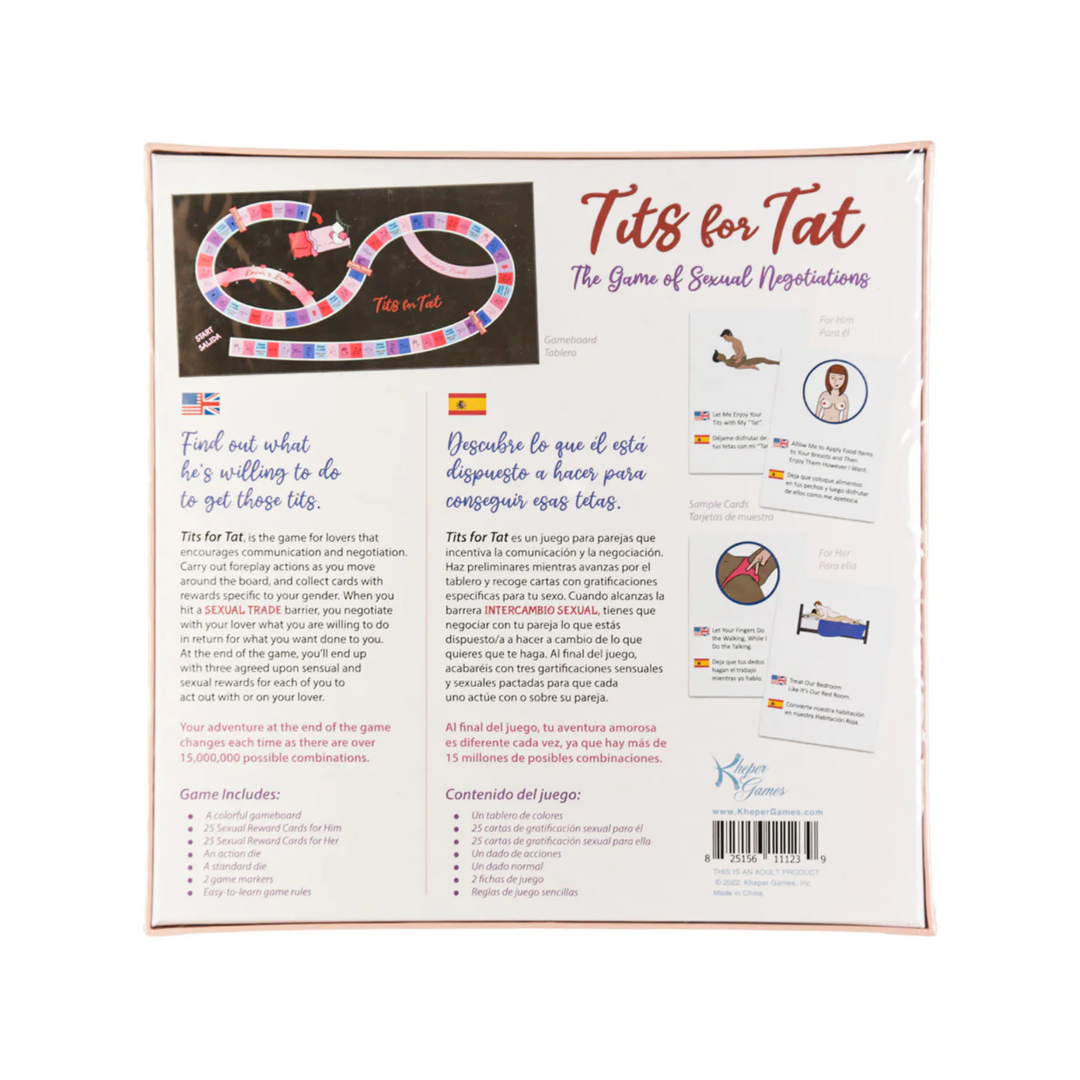 backside of Tits for Tat Couples Game packaging 