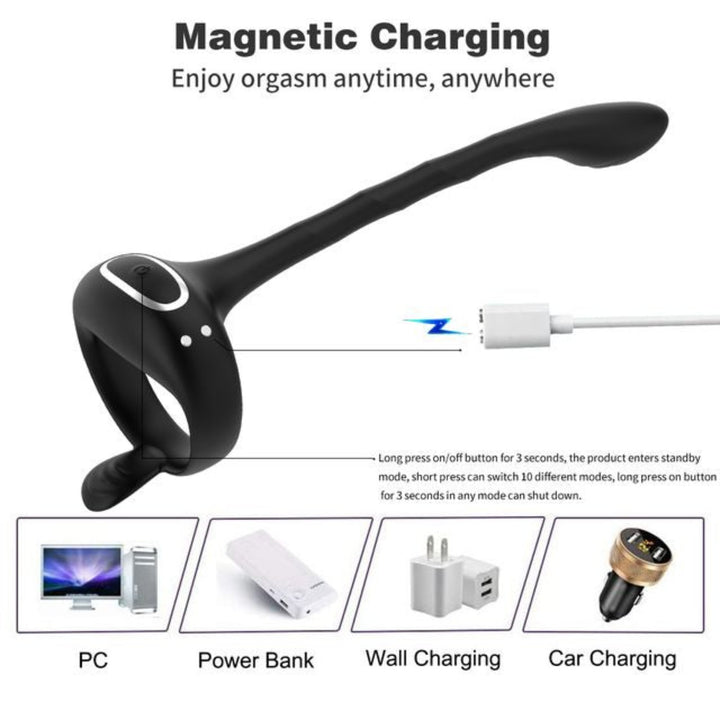 side view of black vibrating cock ring with prostate stimulator and magnetic charger