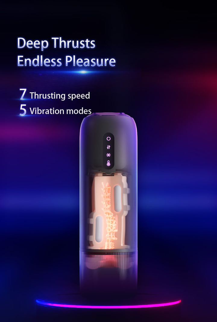 Product image rendering showing the internal details and text showing the 7 thrusting speeds and 5 vibration modes.