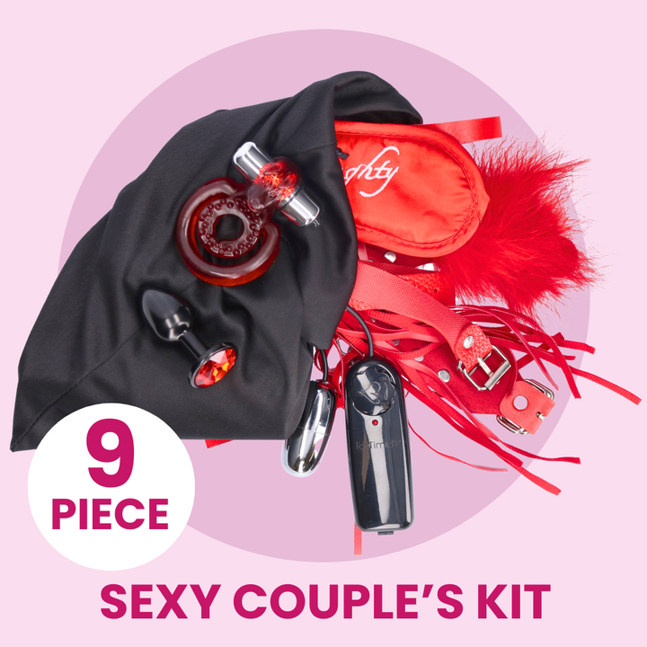 9 piece sexy couple's kit: 5-piece bondage set, an x-strong bullet, a clit teasing cock ring, a sm. metal butt plug, and a lg. toy storage bag
