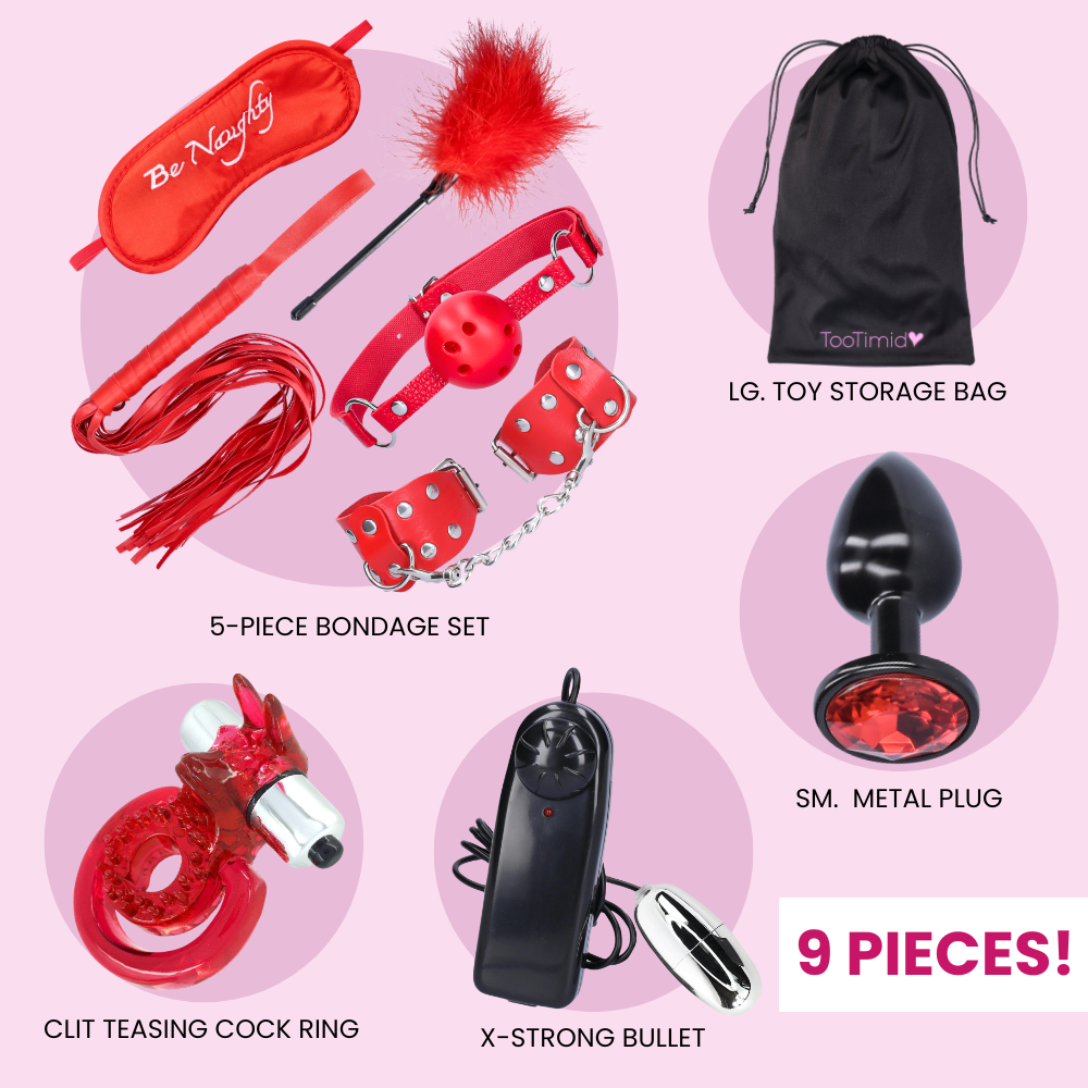 9 PIECE KIT: 5-piece bondage set, an x-strong bullet, a clit teasing cock ring, a sm. metal butt plug, and a lg. toy storage bag