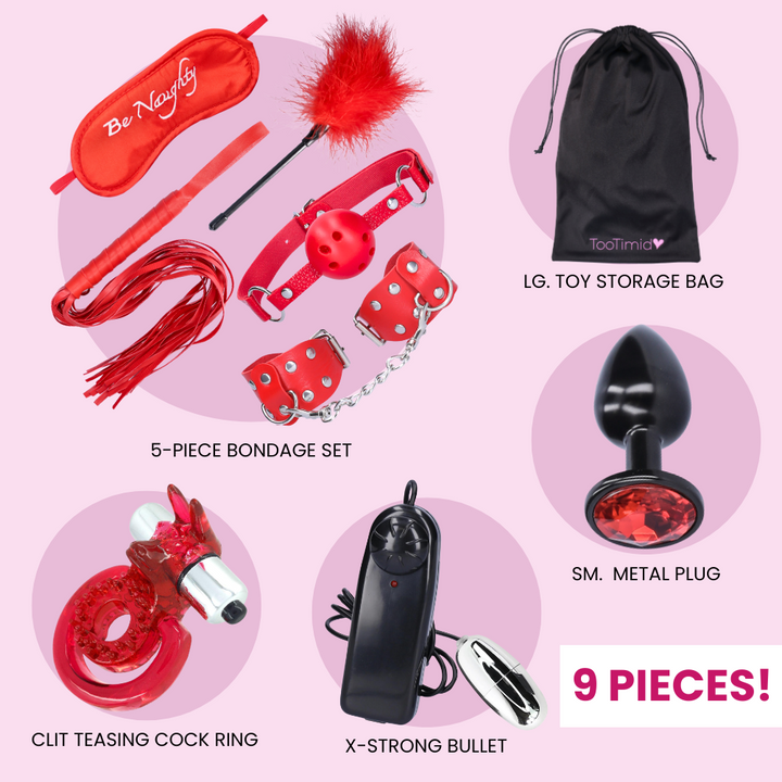 9 PIECE KIT: 5-piece bondage set, an x-strong bullet, a clit teasing cock ring, a sm. metal butt plug, and a lg. toy storage bag