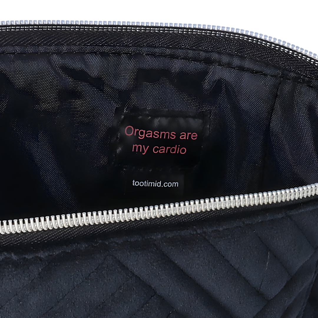 close up of inside tag orgasms are my cardio from Quilted Fabric Storage Bag 