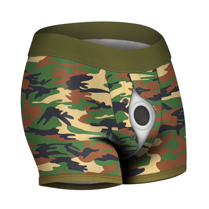 angled side view with view of c-ring from Unisex Camo Strap-on Shorts 