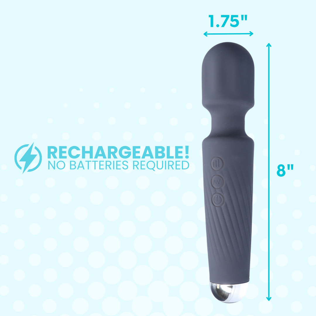 This toy is 100% rechargeable! No batteries required. 1.75 inches wide, 8 inches tall