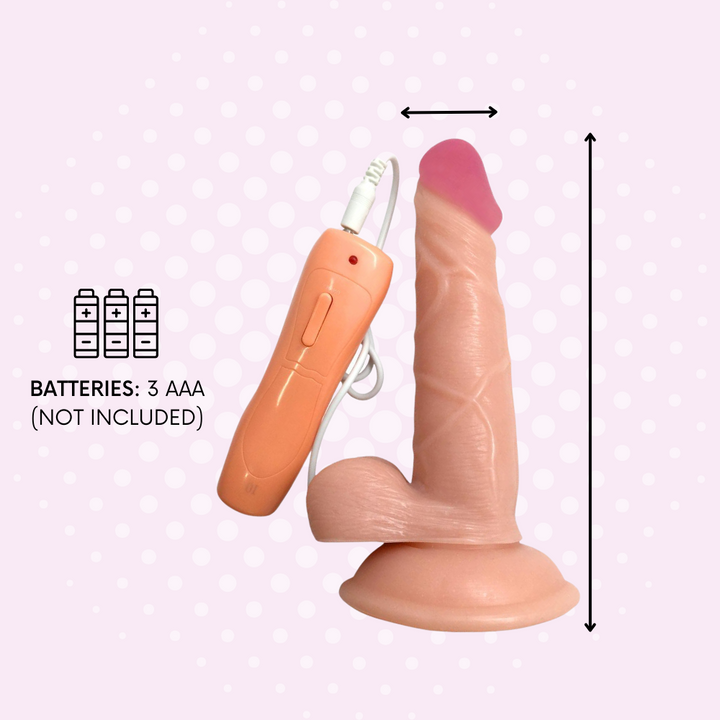The dildo remote takes 3 AAA batteries that are not included.