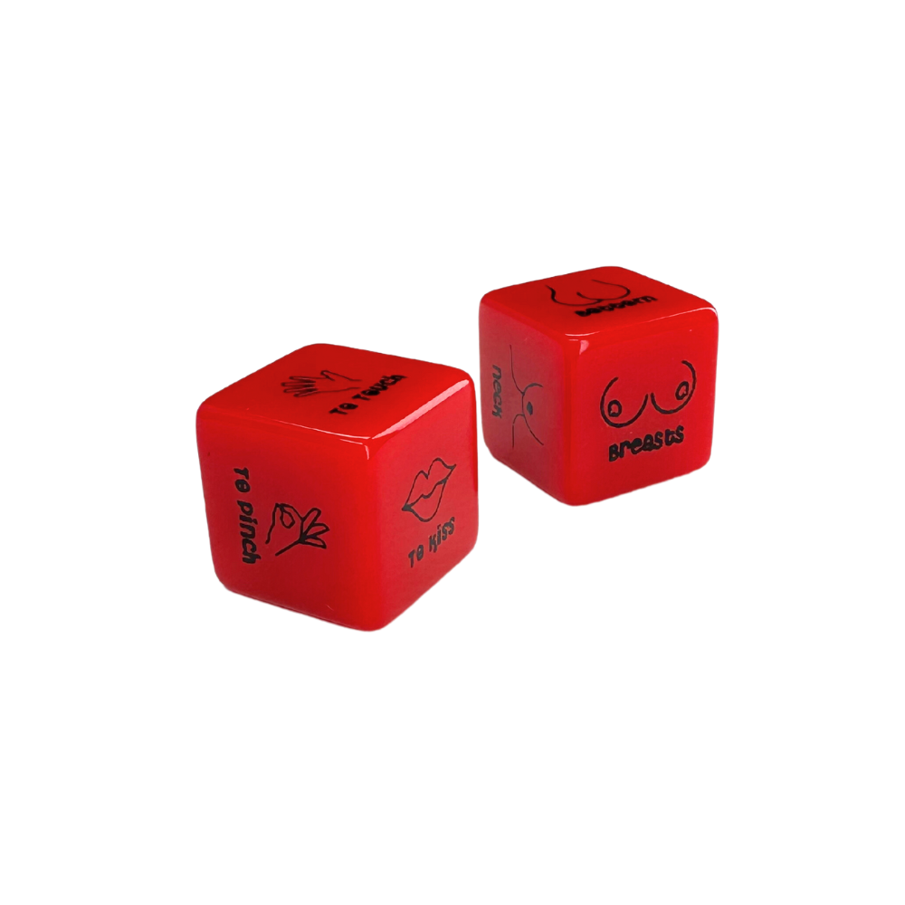 A pair of red foreplay dice with body parts on one die and directions on the other. This image shows bottom, neck, and breasts on one die and "to pinch”, “to touch” & "to kiss" on the other die.