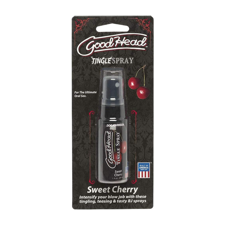 GoodHead Tingle Spray inside of packaging, sweet cherry flavor 