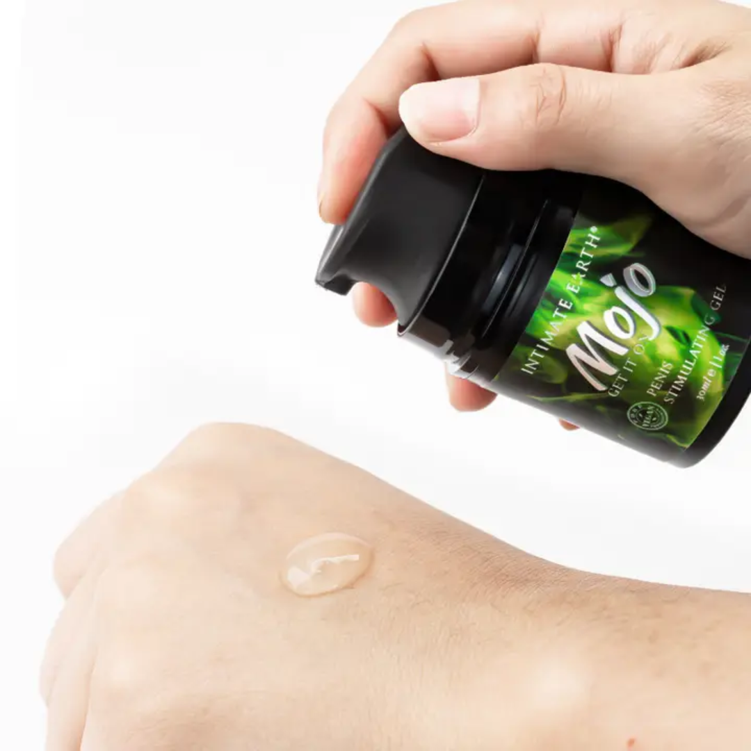 hand pumping MOJO Niacin and Ginseng Penis Stimulating Gel Lubricant 1oz onto hand 