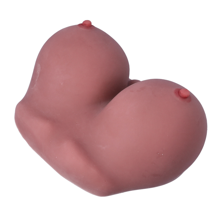 angled top view of double D boobs from from realistic male masturbator 