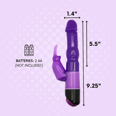 Side view of the purple dual-action rabbit with its dimensions. It is 1.4" in diameter, 9.25" in length, and 5.5" in insertable length. It takes 2 AA batteries that are not included.