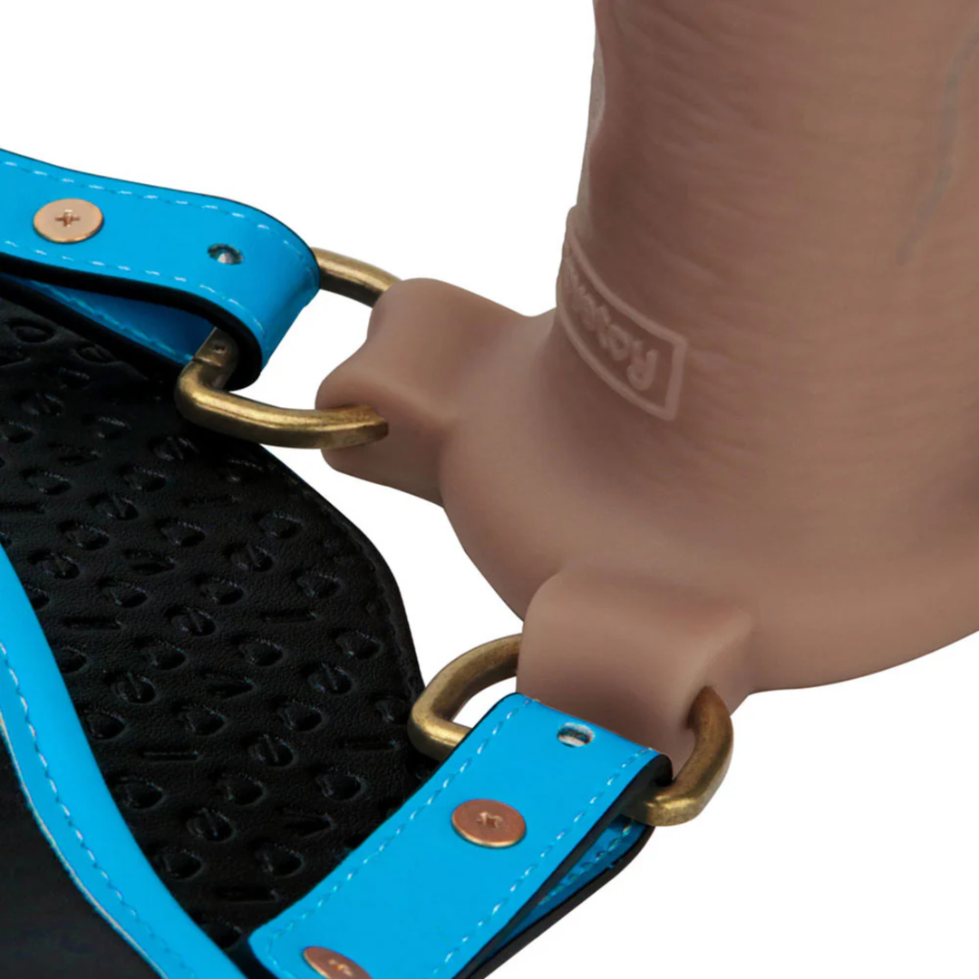 close of INGEN 10 inch Enhanced Hollow Strap-on Set  dildo attached to harness 