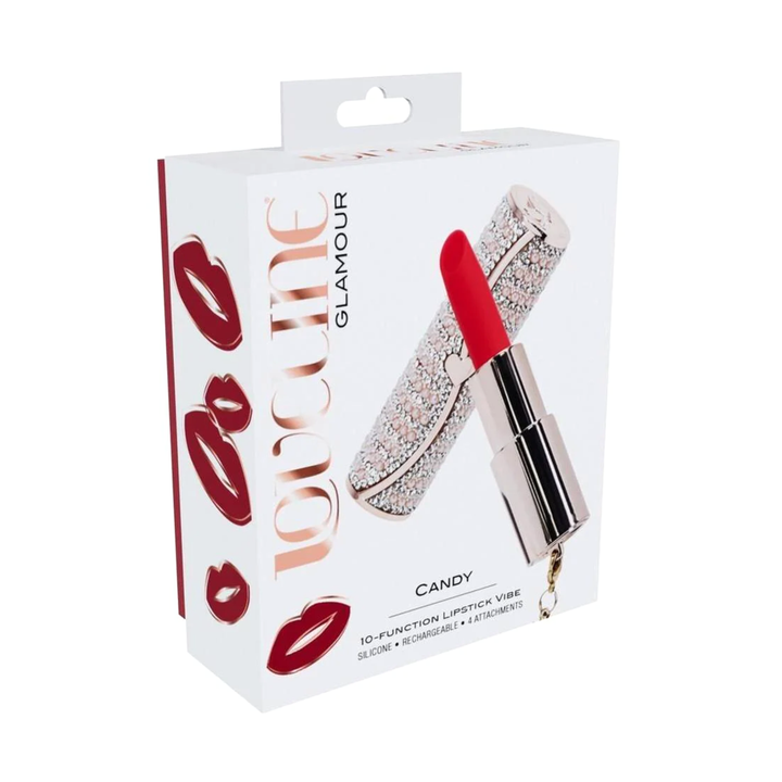 Loveline Candy Lipstick Rechargeable Silicone Vibrator with Interchangeable Heads as seen inside of packaging 