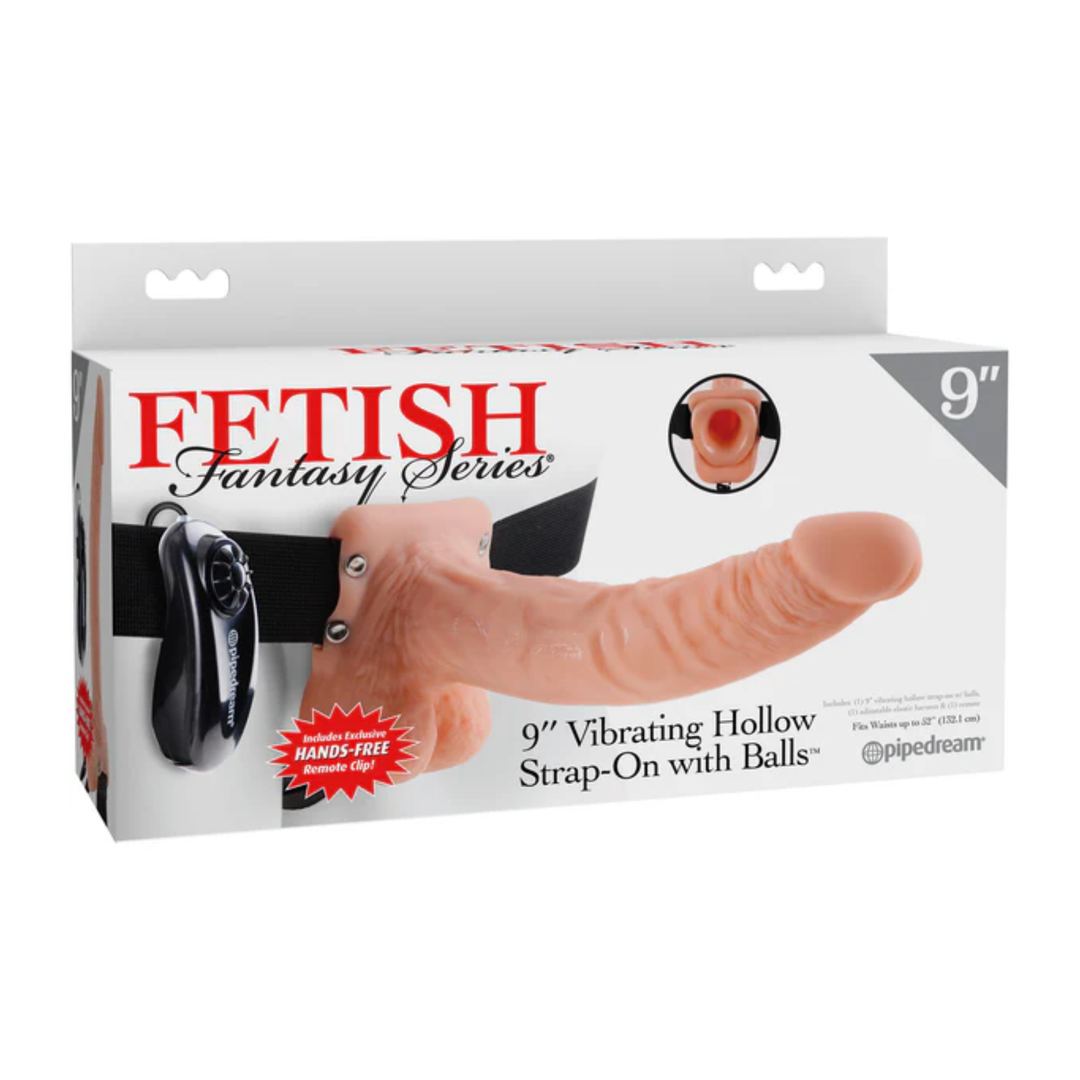 beige Fetish Fantasy 9 inch Vibrating Hollow Strap-On With Balls as seen inside of packaging 