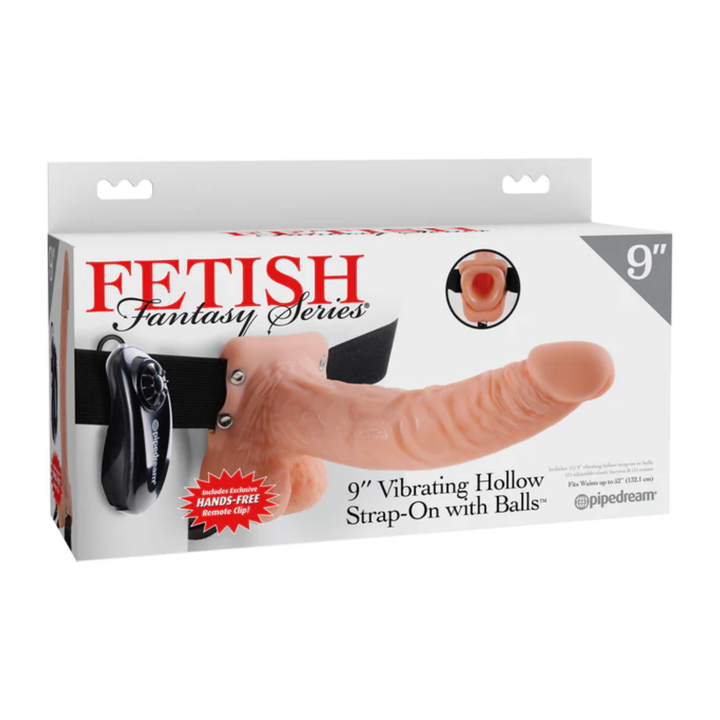 beige Fetish Fantasy 9 inch Vibrating Hollow Strap-On With Balls as seen inside of packaging 