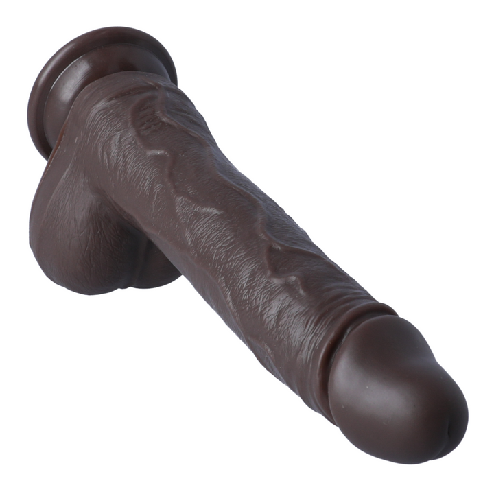 angled front view of dark brown thrusting dildo with veins 