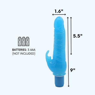 A side view of the blue power rabbit showing the dimensions. It is 9" long, 1.6" in diameter, and it has 5.5" of insertable length.