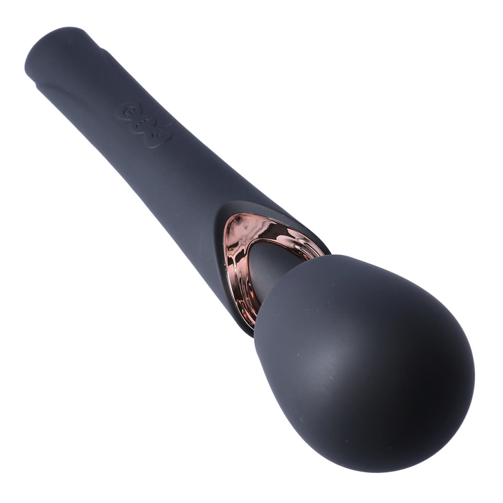 view pf power button from angled shot of rumbling head from black luxury wand 