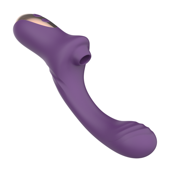 angled view of air pulse from rabbit vibrator with golden handle 