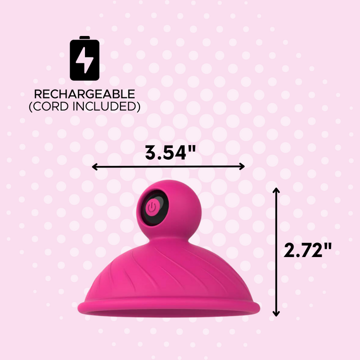 A side view of the nipple sucker showing the dimensions. It's 3.54" in diameter and 2.72" in length. It is rechargeable with the cord included.