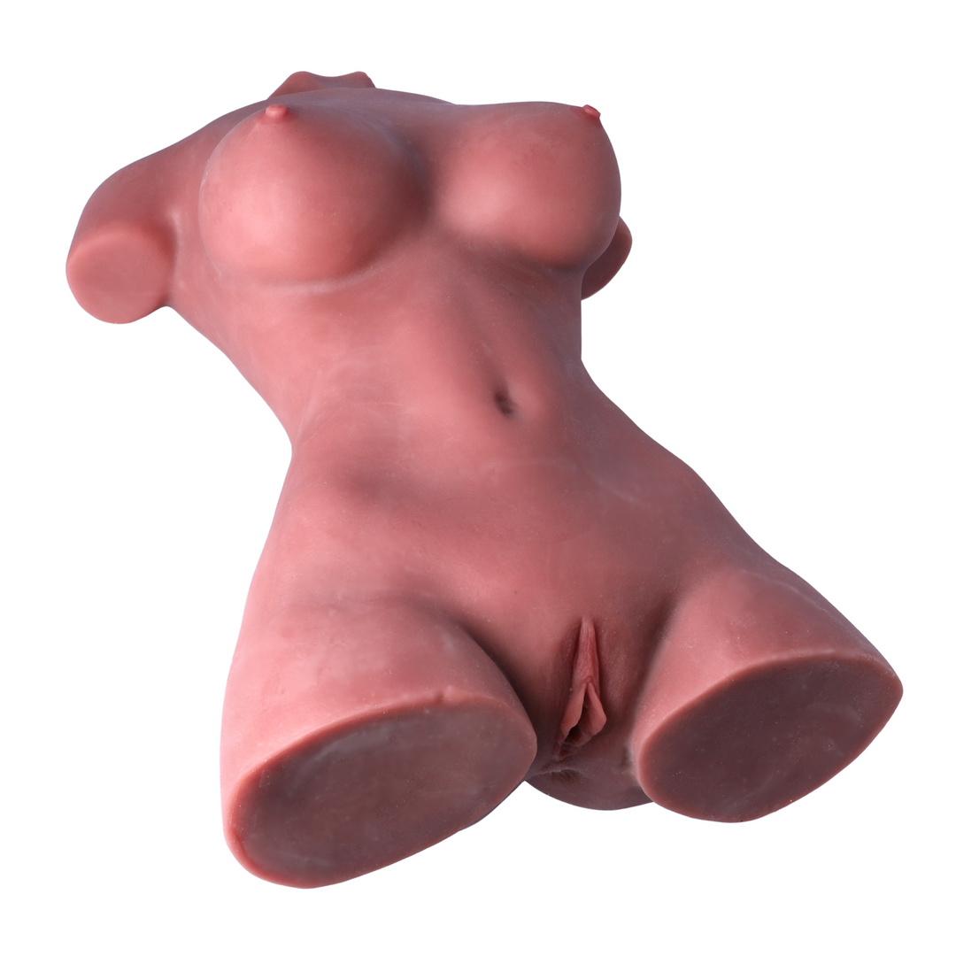 angled view of brown female torso sex doll TPE realistic feel material  view of vagina with pretty pink lips 