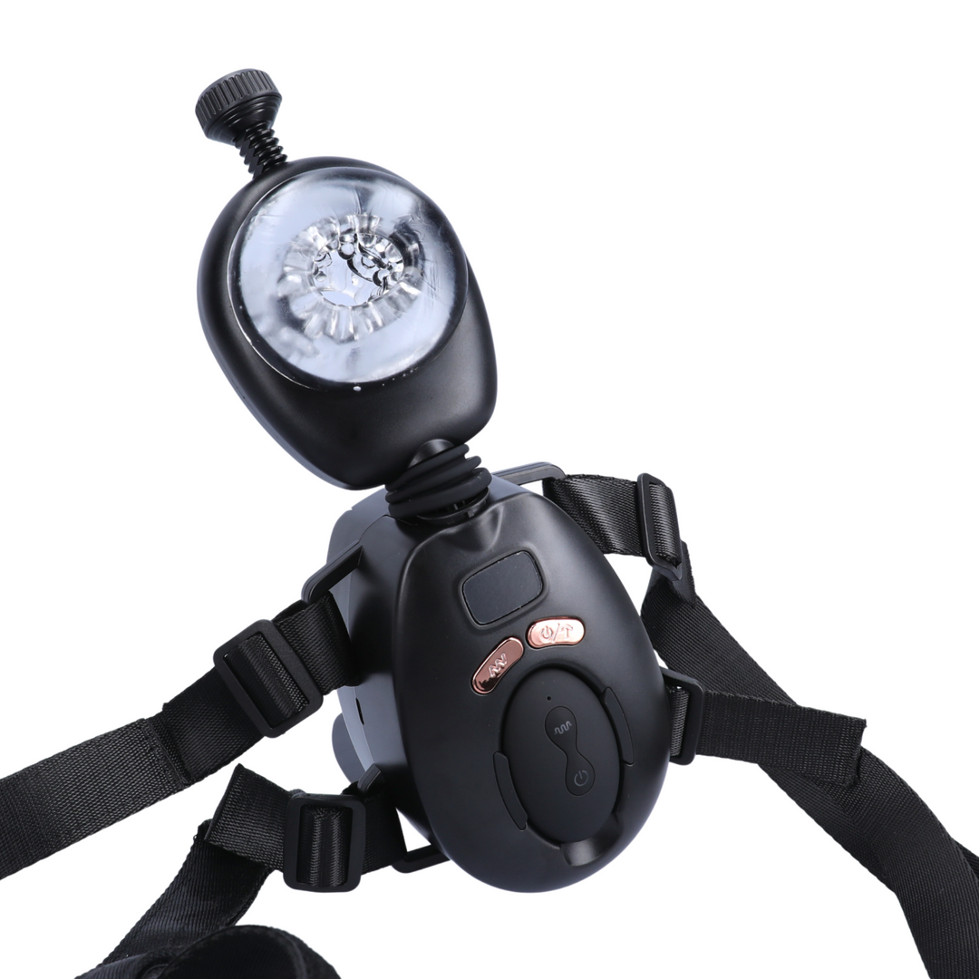 front view of Thrusting Masturbator with Remote and Adjustable Belts standing up 
