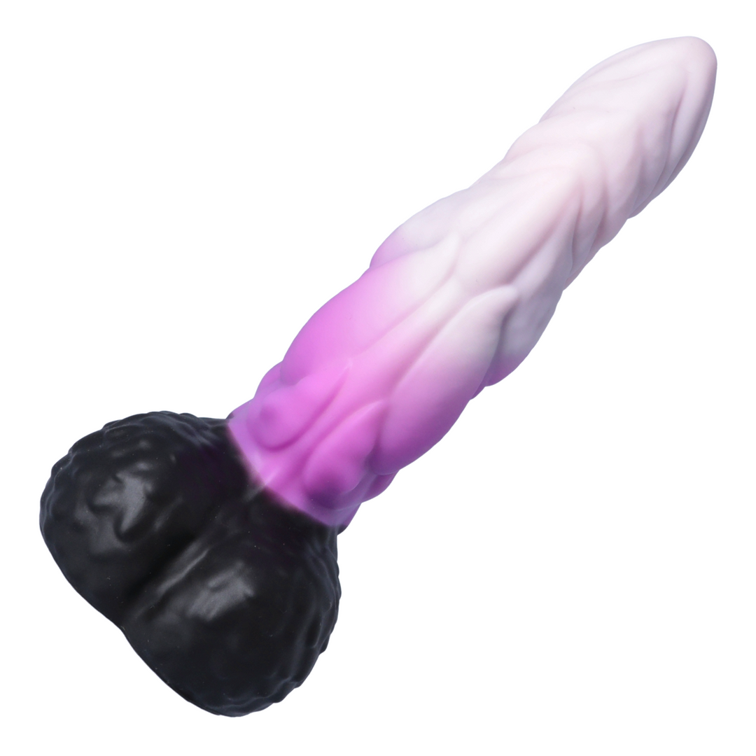 angled underside of pink and purple alien dildo with black testicles 