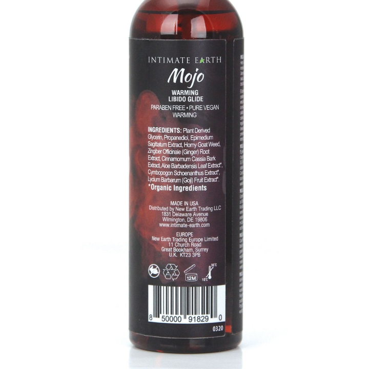 back of MOJO Horny Goat Weed Libido Warming Glide Lubricant 4oz bottle 