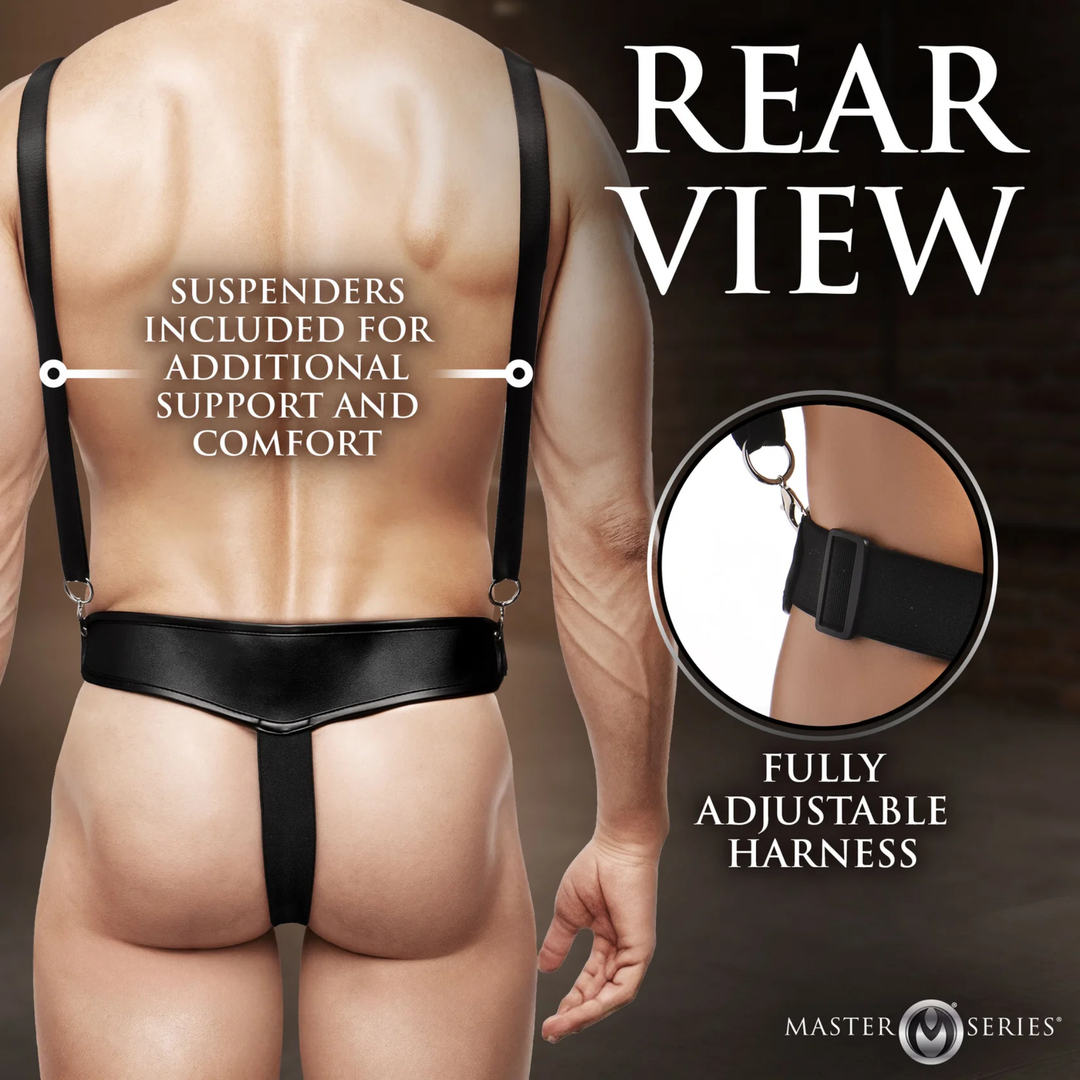 rear view of Master Series Magnum Hollow Silicone Dildo with Harness 9 inch 
