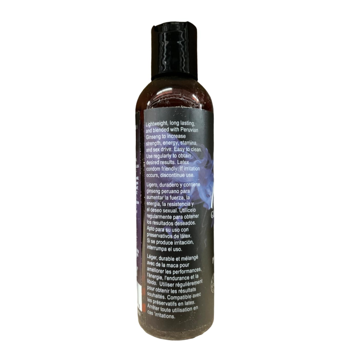backside of MOJO Peruvian Ginseng Water Based Performance Glide Lubricant bottle 
