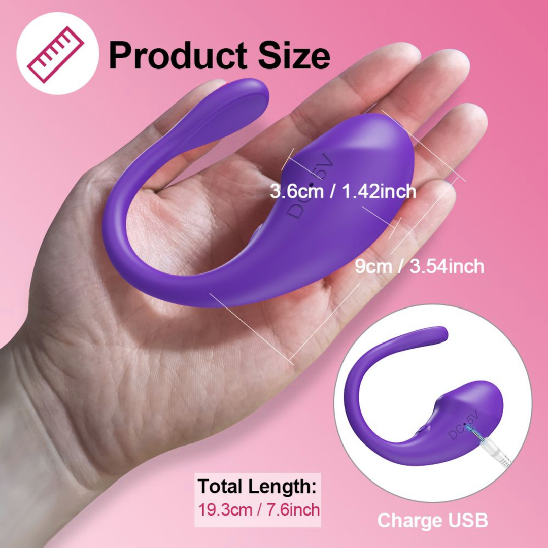 hand holding App Controlled Vibrating Egg  with product dimensions 