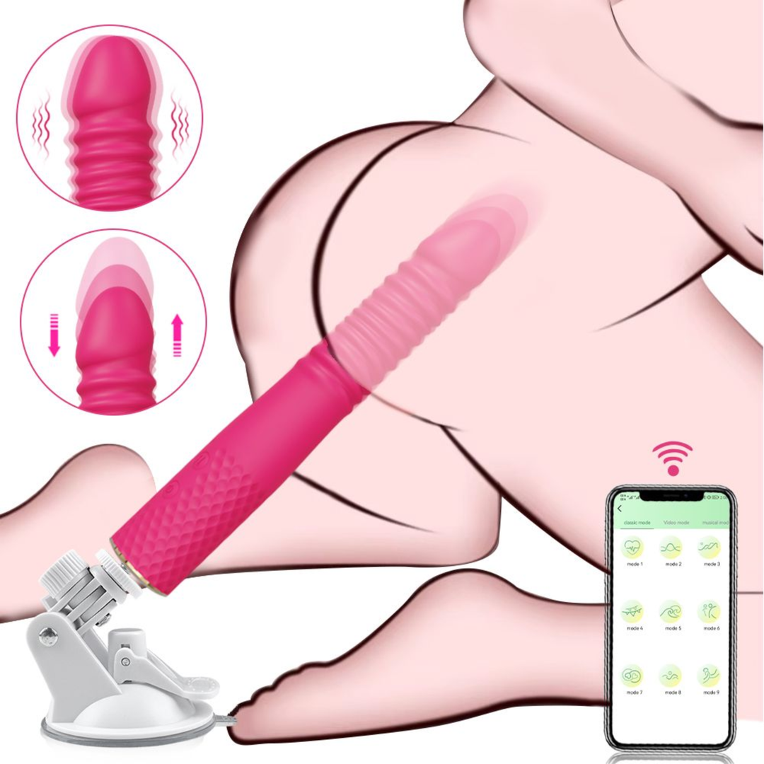 drawing of way to use Thrusting and Vibrating Suction Cup Dildo