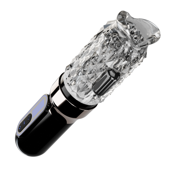 angled side view of a automatic male masturbator stroker that rotates, thrusts, vibrates and licks